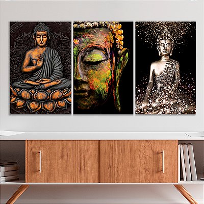 Quadros Decorativos Trio em Canvas Religioso Composição Buda