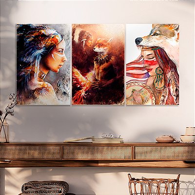 Quadros Decorativos Trio em Canvas Composição Índias com Cocar Pintura