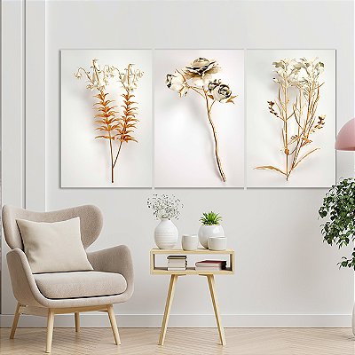 Quadros Decorativos Trio em Canvas Flores Douradas e Brancas