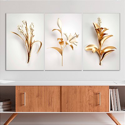 Quadros Decorativos Trio em Canvas Flores Douradas e Brancas