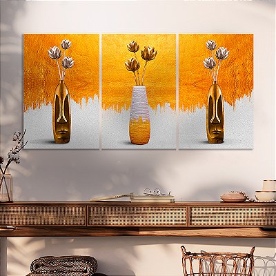 Quadros Decorativos Trio em Canvas Composição Vasos com Três Flores Pintura