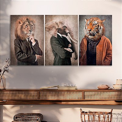 Quadros Decorativos Trio em Canvas Animais com Corpo Humano Leão Elefante Tigre