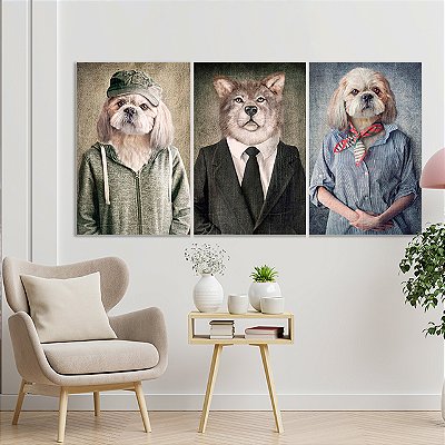 Quadros Decorativos Trio em Canvas Animais com Corpo Humano Cachorro Lobo