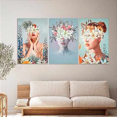 Quadros Decorativos Trio em Canvas Mulheres com Flores no Rosto