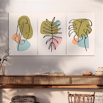 Quadros Decorativos Trio em Canvas Composição Folhas Abstratas e Formas Coloridas