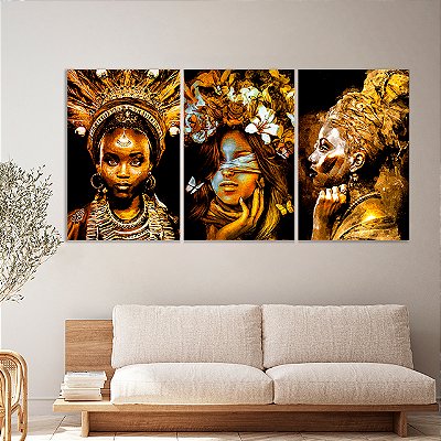 Quadros Decorativos Trio em Canvas Mulheres Douradas Enfeitadas Golden