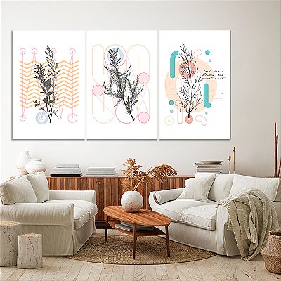 Quadros Decorativos Trio em Canvas Composição Folhas e Formas Geométricas