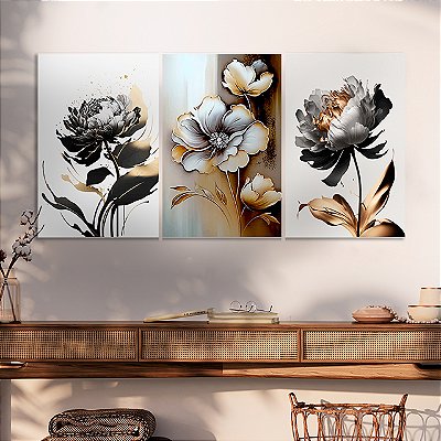 Quadros Decorativos Trio em Canvas Flores Preto e Branco Detalhes Dourados