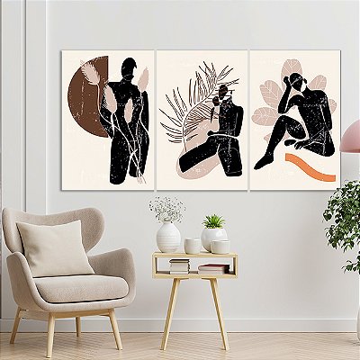 Quadros Decorativos Trio em Canvas Composição Abstrata Pessoas e Folhas