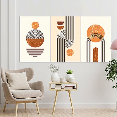 Quadros Decorativos Trio em Canvas Composição Abstrata Formas Circulares Tons Ferrosos