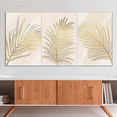 Quadros Decorativos Trio em Canvas Folhagens Douradas com Sombras