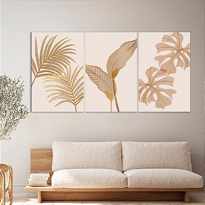 Quadros Decorativos Trio em Canvas Folhagem Cor Palha Detalhes Dourados