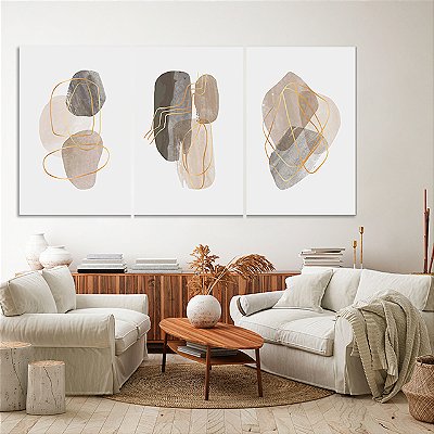 Quadros Decorativos Trio em Canvas Composição Abstrata em Cores Cinza Bege Nude Traços Dourados