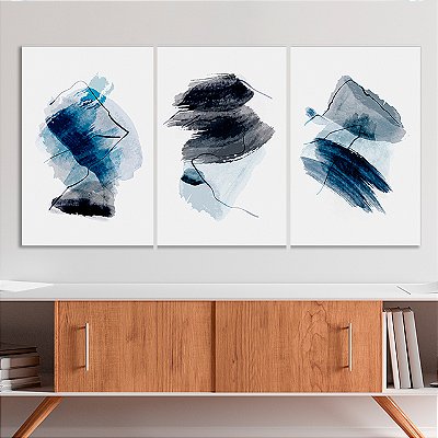 Quadros Decorativos Trio em Canvas Composição Abstrata Cores Cinza e Azul
