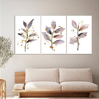 Quadros Decorativos Trio em Canvas Composição Abstrata de Folhas em Pinceladas e Traços Dourados