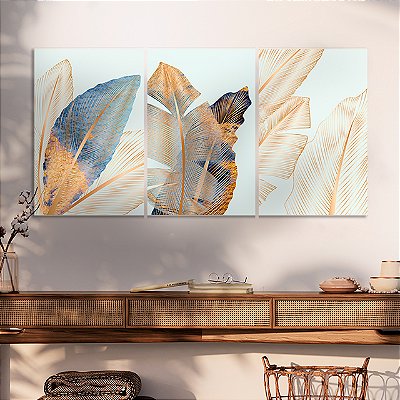 Quadros Decorativos Trio em Canvas Composição Folhas Brancas Douradas e Azuis