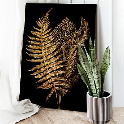 Quadro Decorativo Canvas Composição Folhas Douradas em Fundo Preto Vertical