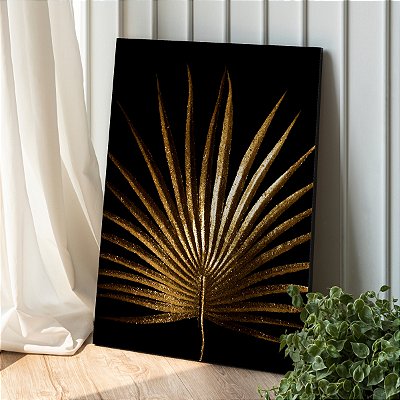 Quadro Decorativo Canvas Folha de Palmeira Dourada Leque Fundo Preto Vertical