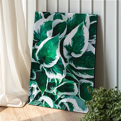 Quadro Decorativo Canvas Composição Folhas Brancas e Verdes Vertical