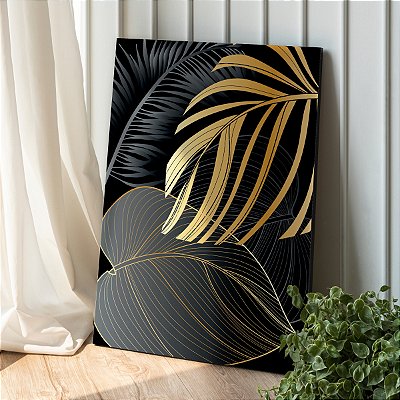 Quadro Decorativo Canvas Folhas Pretas e Douradas Golden Detalhadas Vertical