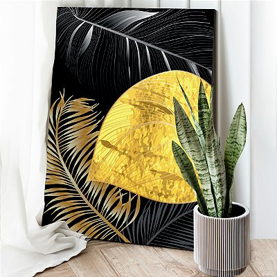 Quadro Decorativo Canvas Composição Folhas Pretas e Douradas Detalhadas Vertical