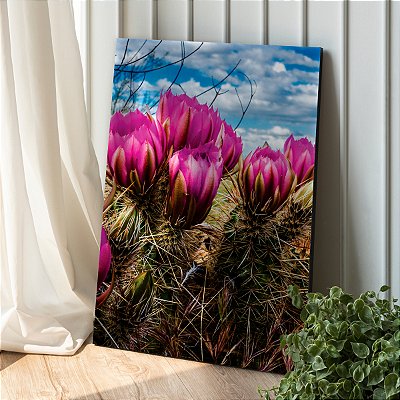 Quadro Decorativo Canvas Floral Cactos com Flor Rosa Vertical