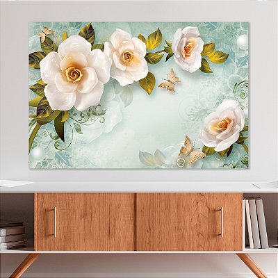 Quadro Decorativo Canvas Floral Ramo de Flores Brancas Horizontal