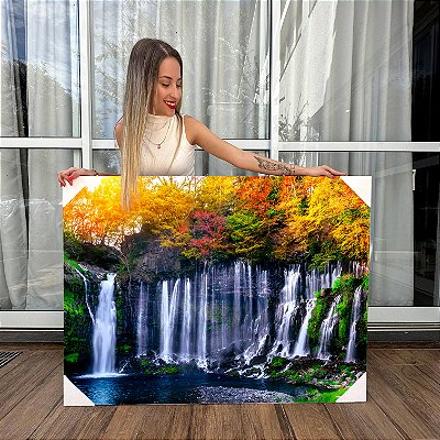 Quadro Decorativo Canvas Paisagem Cachoeira e Árvores com Folhas Coloridas