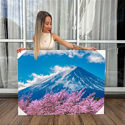 Quadro Decorativo Canvas Paisagem Monte Fuji com Árvores de Flor de Cerejeira Horizontal