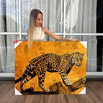 Quadro Decorativo Canvas Animais Onça Pintada em Tronco Horizontal