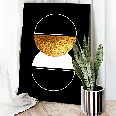 Quadro Decorativo Canvas Abstrato Círculos Branco e Dourado Fundo Preto Vertical