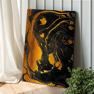 Quadro Decorativo Canvas Pintura Abstrata Preta e Dourada Vertical
