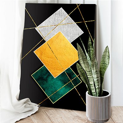 Quadro Decorativo Canvas Abstrato Losangos Coloridos e Linhas Douradas Vertical