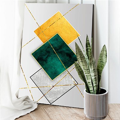 Quadro Decorativo Canvas Abstrato Losangos Coloridos e Linhas Douradas Vertical