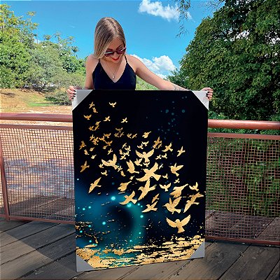 Quadro Decorativo Canvas Abstrato Moderno Estilo Nórdico com Pássaros Dourados Vertical