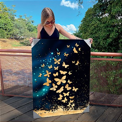 Quadro Decorativo Canvas Abstrato Estilo Nórdico com Borboletas Douradas em Círculo Vertical