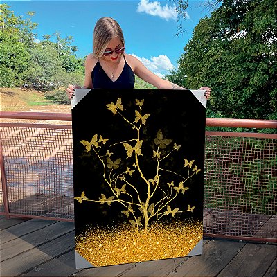 Quadro Decorativo Canvas Abstrato Estilo Nórdico Borboletas Douradas e Fundo Preto Vertical