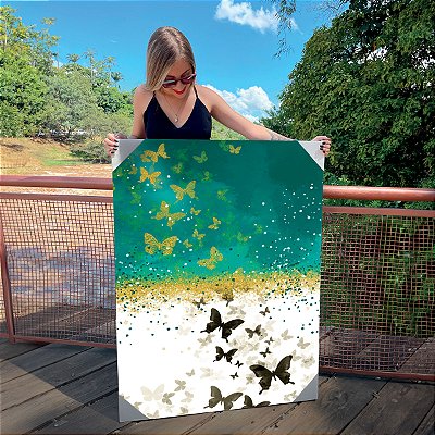 Quadro Decorativo Canvas Abstrato Borboletas Douradas Fundo Branco e Verde Água Vertical