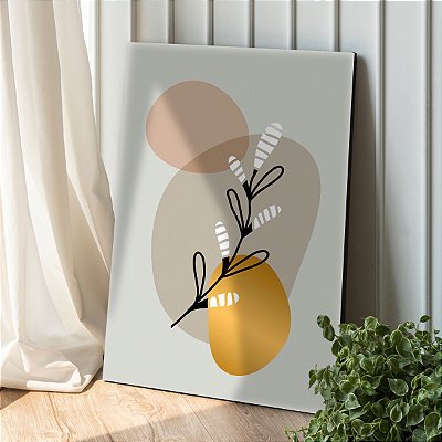 Quadro Decorativo Canvas Abstrato Formas Orgânicas Dourada, Rosê e Cinza Vertical