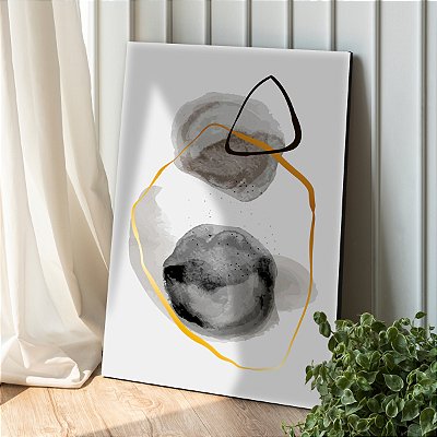 Quadro Decorativo Canvas Formas Abstratas Cinza Linhas Dourada e Preta Vertical