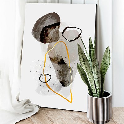 Quadro Decorativo Canvas Formas Abstratas Cinza Linhas Dourada e Preta Vertical