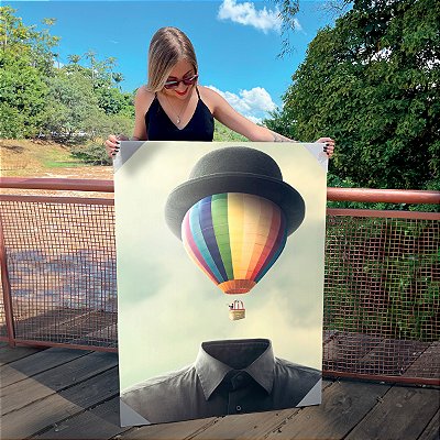 Quadro Decorativo Canvas Surrealismo Homem com Balão na Cabeça Sonhar Alto Pensar Grande Vertical