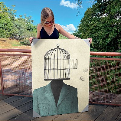 Quadro Decorativo Canvas Surrealismo Homem com Gaiola na Cabeça Liberdade Vertical