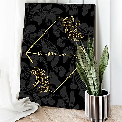 Quadro Decorativo Canvas Abstrato Amor Detalhes Dourados e Fundo Folhas Pretas Vertical