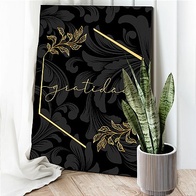 Quadro Decorativo Canvas Abstrato Gratidão Detalhes Dourados e Fundo Folhas Pretas Vertical