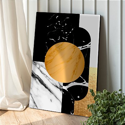 Quadro Decorativo Canvas Formas Abstratas Preto Branco e Dourado Vertical