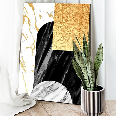 Quadro Decorativo Canvas Formas Abstratas Preto Branco e Dourado Vertical