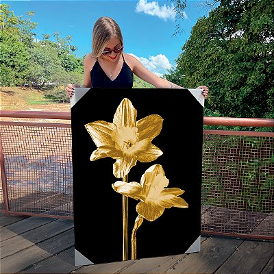 Quadro Decorativo Canvas Par de Flores de Narciso Douradas Golden Vertical