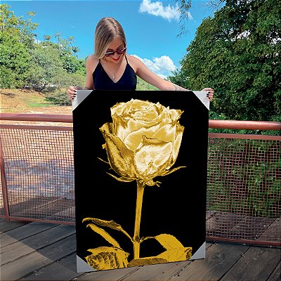 Quadro Decorativo Canvas Floral Rosa Dourada Golden Vertical