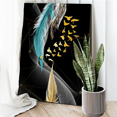 Quadro Decorativo Canvas Penas Abstratas e Pássaros Dourados Vertical